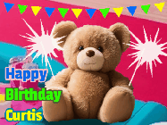 Happy Birthday Curtis GIF: A cute birthday teddy bear animated birthday gif with the bear holding sparklers and text to customize.