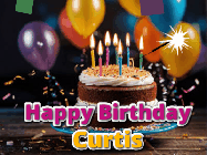 Happy Birthday Curtis GIF: A birthday cake with flickering candles gif with text reading Happy Birthday and a Name slot to customize