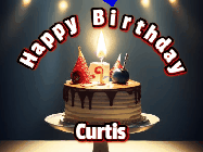 Happy Birthday Curtis GIF: Animated happy birthday gif with a cake and flickering candles with colorful falling confetti and text reading Happy Birthday