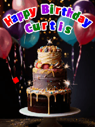 Happy Birthday Curtis GIF: Beautiful birthday cake animated gif, a celebration of balloons, confetti, and sparklers. Customize banner and name.