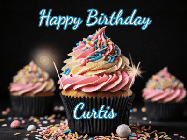 Happy Birthday Curtis GIF: A delicious cupcake gif with animated sparkles reading Happy Birthday with a name to customize