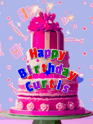 Happy Birthday Curtis GIF: A big beautiful birthday cake gif with falling confetti, sparklers, and balloons, reads Happy Birthday Name. Customize it.