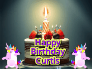 Happy Birthday Curtis GIF: An animated gif with 2 unicorns and a birthday candle on a cake.