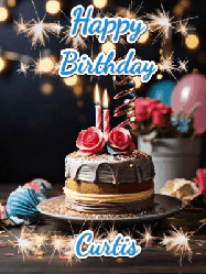 Happy Birthday Curtis GIF: Sparkles and glitter happy birthday gif with a cake and flickering candles and sparklers behind the words happy birthday customize