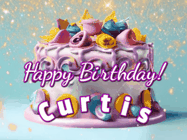 Happy Birthday Curtis GIF: A beautiful birthday cake gif with animated sparkles and glitter Happy Birthday Name you can customize