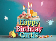 Happy Birthday Curtis GIF: A colorful animated Happy Birthday Cake GIF with swirling sparkles and flickering candles. It reads Happy Birthday Name