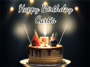 Happy Birthday Curtis GIF: Animated birthday cake gif with sparklers on a dark background. Personalize up to 3 lines of text.