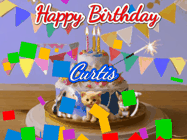 Happy Birthday Curtis GIF: Happy Birthday Cake GIF with a cat, lamb, and squirrel on the cake with flickering candles, a sparkler, and falling confetti. Reads Happy Birthday Name and you can customize the name