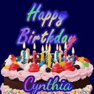 Happy Birthday Cynthia GIF: A dark blue birthday gif with a beautiful cake with flickering candles, background sparkles and a name to customize.