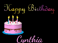 Happy Birthday Cynthia GIF: Animated birthday gif on a black background with gold confetti, a pink birthday cake, and 2 lines of text to customize.