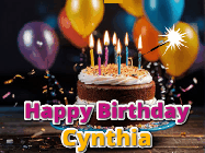 Happy Birthday Cynthia GIF: A birthday cake with flickering candles gif with text reading Happy Birthday and a Name slot to customize