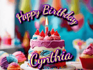 Happy Birthday Cynthia GIF: A colorful animated birthday gif of a cake and falling stars with a flickering candle. Text reads Happy Birthday and Customize.