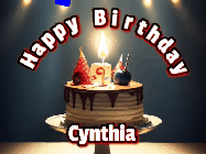 Happy Birthday Cynthia GIF: Animated happy birthday gif with a cake and flickering candles with colorful falling confetti and text reading Happy Birthday