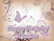 Happy Birthday Cynthia GIF: Classical birthday gif background with colorful musical notes floating past and a name you can customize, reads Happy Birthday.