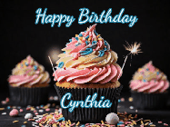 Happy Birthday Cynthia GIF: A delicious cupcake gif with animated sparkles reading Happy Birthday with a name to customize
