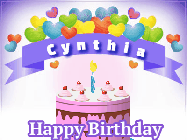 Happy Birthday Cynthia GIF: Hearts and stars animated birthday gif with a birthday and birthday banner text you can customize with name.
