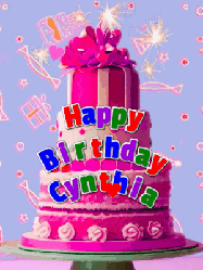 Happy Birthday Cynthia GIF: A big beautiful birthday cake gif with falling confetti, sparklers, and balloons, reads Happy Birthday Name. Customize it.