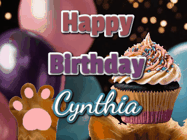Happy Birthday Cynthia GIF: Cute Kitten Birthday Cupcake GIF with a cupcake raised by a cats head, then it pulls down text reading Happy Birthday Name