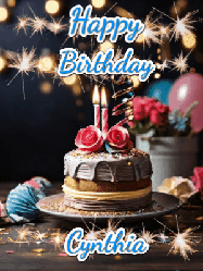 Happy Birthday Cynthia GIF: Sparkles and glitter happy birthday gif with a cake and flickering candles and sparklers behind the words happy birthday customize