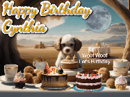 Happy Birthday Cynthia GIF: Animated birthday gif with a dog at a fancy birthday table loaded with cakes as hearts appear. It reads Happy Birthday Customize.