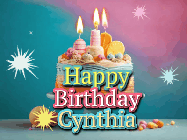 Happy Birthday Cynthia GIF: A colorful animated Happy Birthday Cake GIF with swirling sparkles and flickering candles. It reads Happy Birthday Name