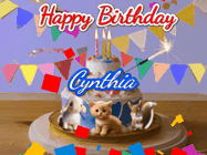 Happy Birthday Cynthia GIF: Happy Birthday Cake GIF with a cat, lamb, and squirrel on the cake with flickering candles, a sparkler, and falling confetti. Reads Happy Birthday Name and you can customize the name