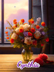 Happy Birthday Cynthia GIF: A vase of flowers and animated hearts pop in and out as the words Happy Birthday Name appears that you can customize