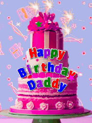 Happy Birthday Daddy GIF: A big beautiful birthday cake gif with falling confetti, sparklers, and balloons, reads Happy Birthday Name. Customize it.