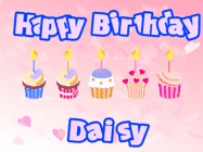 Happy Birthday Daisy GIF: Pink animated birthday gif with 5 cupcakes and candles and animated text you can customize with name.