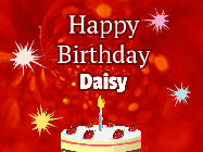 Happy Birthday Daisy GIF: A bright red happy birthday gif animated with a cake candle, and glitter and sparkles. Customize with name.