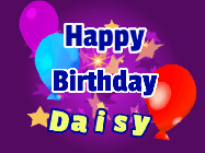 Happy Birthday Daisy GIF: A lovely purple birthday gif animated with moving text, a balloon, and bubbles. Customize it.