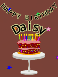 Happy Birthday Daisy GIF: Animated birthday gif of a chocolate cartoon cake and stars. Animated text can be customized with name.