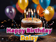 Happy Birthday Daisy GIF: A birthday cake with flickering candles gif with text reading Happy Birthday and a Name slot to customize