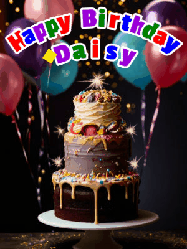 Happy Birthday Daisy GIF: Beautiful birthday cake animated gif, a celebration of balloons, confetti, and sparklers. Customize banner and name.