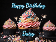 Happy Birthday Daisy GIF: A delicious cupcake gif with animated sparkles reading Happy Birthday with a name to customize