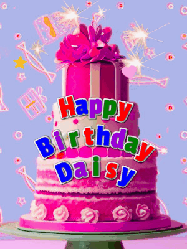 Happy Birthday Daisy GIF: A big beautiful birthday cake gif with falling confetti, sparklers, and balloons, reads Happy Birthday Name. Customize it.