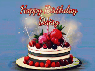 Happy Birthday Daisy GIF: Animated GIF of a birthday cake covered in berries with 2 sparklers and a candle, reads Happy Birthday Name. Customize it.