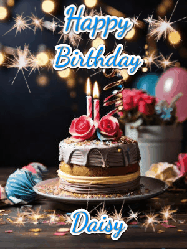 Happy Birthday Daisy GIF: Sparkles and glitter happy birthday gif with a cake and flickering candles and sparklers behind the words happy birthday customize