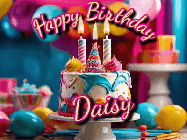Happy Birthday Daisy GIF: Animated birthday gif with a beautiful colorful birthday can and sparkles in the air. It reads Happy Birthday Customize.