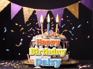 Happy Birthday Daisy GIF: Happy birthday cake animated gif with flickering candles, animated text, and falling confetti. Customize text reading Happy Birthday Customize.