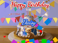 Happy Birthday Daisy GIF: Happy Birthday Cake GIF with a cat, lamb, and squirrel on the cake with flickering candles, a sparkler, and falling confetti. Reads Happy Birthday Name and you can customize the name