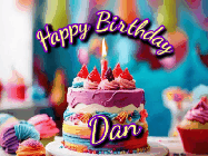 Happy Birthday Dan GIF: A colorful animated birthday gif of a cake and falling stars with a flickering candle. Text reads Happy Birthday and Customize.