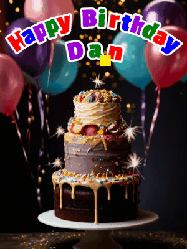 Happy Birthday Dan GIF: Beautiful birthday cake animated gif, a celebration of balloons, confetti, and sparklers. Customize banner and name.