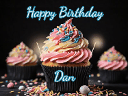 Happy Birthday Dan GIF: A delicious cupcake gif with animated sparkles reading Happy Birthday with a name to customize