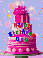 Happy Birthday Dan GIF: A big beautiful birthday cake gif with falling confetti, sparklers, and balloons, reads Happy Birthday Name. Customize it.