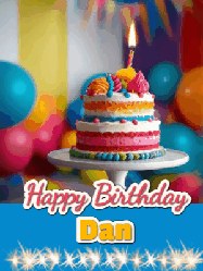 Happy Birthday Dan GIF: A birthday card gif with a cake and candle and a blue ribbon with animated sparklers. Reads Happy Birthday Name