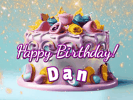 Happy Birthday Dan GIF: A beautiful birthday cake gif with animated sparkles and glitter Happy Birthday Name you can customize