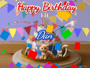 Happy Birthday Dan GIF: Happy Birthday Cake GIF with a cat, lamb, and squirrel on the cake with flickering candles, a sparkler, and falling confetti. Reads Happy Birthday Name and you can customize the name