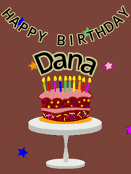Happy Birthday Dana GIF: Animated birthday gif of a chocolate cartoon cake and stars. Animated text can be customized with name.