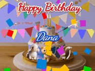 Happy Birthday Dana GIF: Happy Birthday Cake GIF with a cat, lamb, and squirrel on the cake with flickering candles, a sparkler, and falling confetti. Reads Happy Birthday Name and you can customize the name